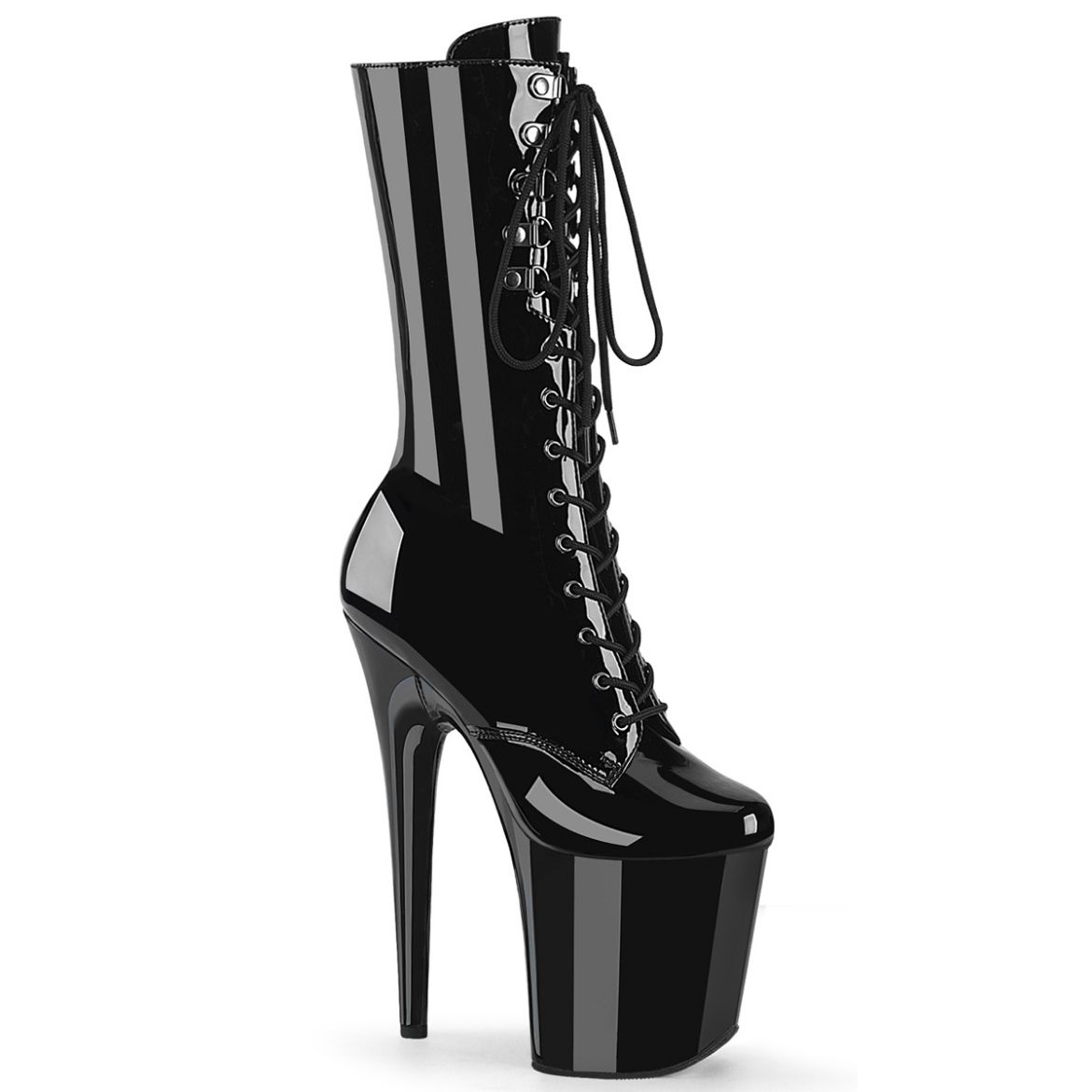 Product image of Pleaser FLAMINGO-1054 Blk Pat/Blk 8 Inch Heel 4 Inch PF Lace-Up Front Mid Calf Boot Side Zip