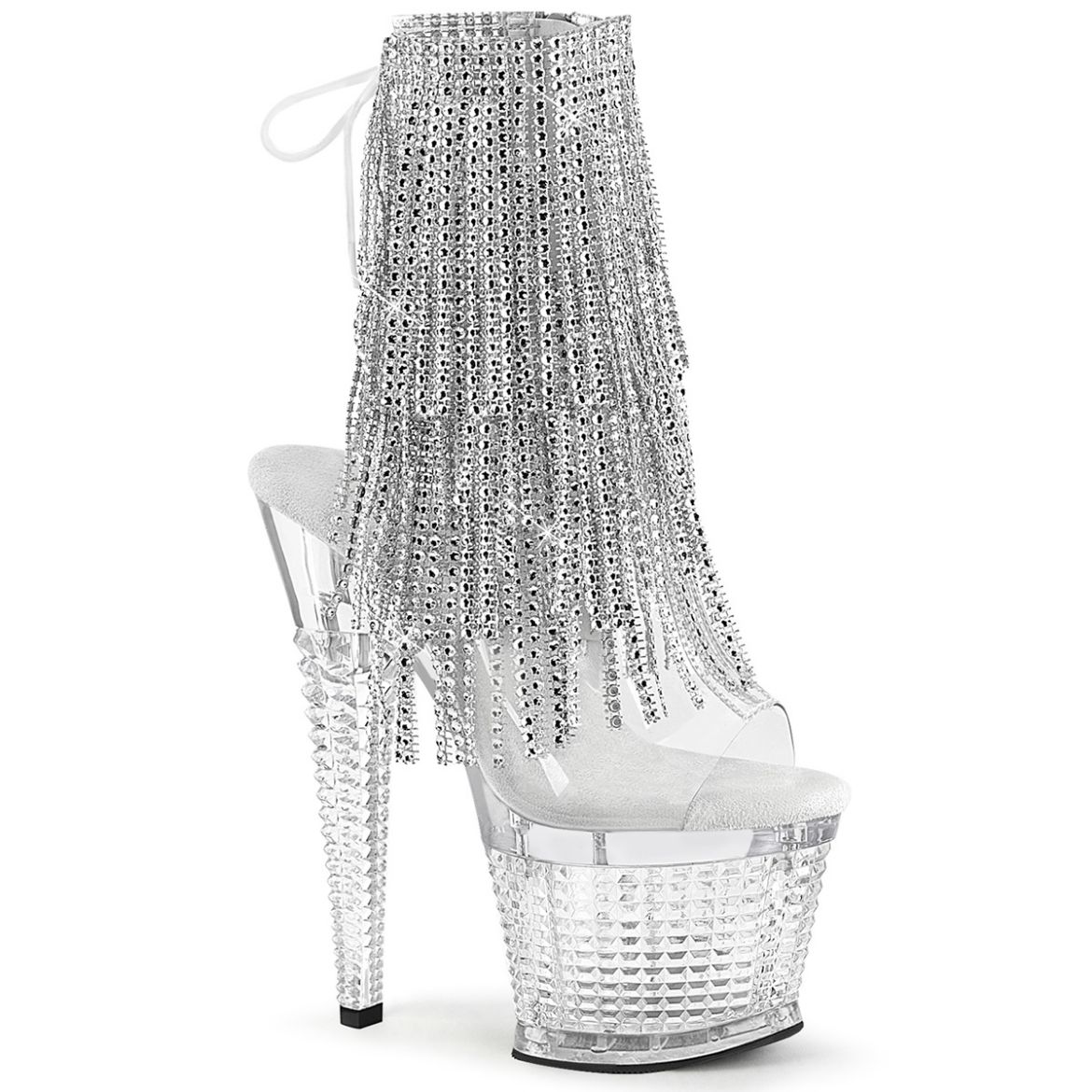 Product image of Pleaser SPECTATOR-1017RSF Clr-Slv/Clr 7 Inch Heel 3 Inch Textured PF Open Toe/Heel Lace-Up Fringe Ankle