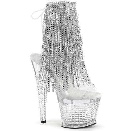 Product image of Pleaser SPECTATOR-1017RSF Clr-Slv/Clr 7 Inch Heel 3 Inch Textured PF Open Toe/Heel Lace-Up Fringe Ankle