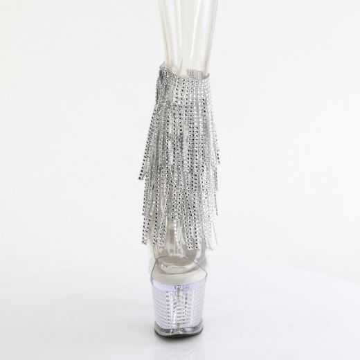 Product image of Pleaser SPECTATOR-1017RSF Clr-Slv/Clr 7 Inch Heel 3 Inch Textured PF Open Toe/Heel Lace-Up Fringe Ankle