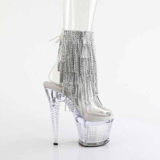 Product image of Pleaser SPECTATOR-1017RSF Clr-Slv/Clr 7 Inch Heel 3 Inch Textured PF Open Toe/Heel Lace-Up Fringe Ankle
