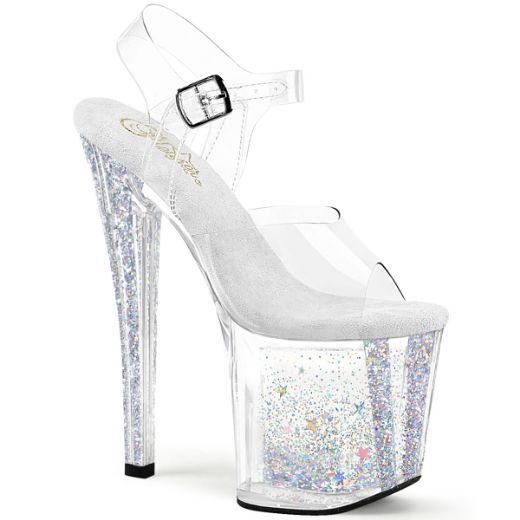 Product image of Pleaser ENCHANT-708AQUA-04 Clr/Clr-Slv Multi Glitter 8 Inch Heel 3 3/4 Inch PF Ankle Strap Sandal