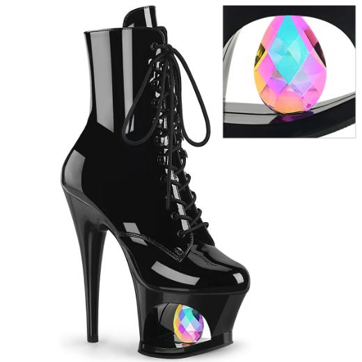 Product image of Pleaser MOON-1020DIA Blk Pat/Blk 7 Inch Heel 2 3/4 Inch Cut-Out PF Lace-Up Ankle Boot Side Zip