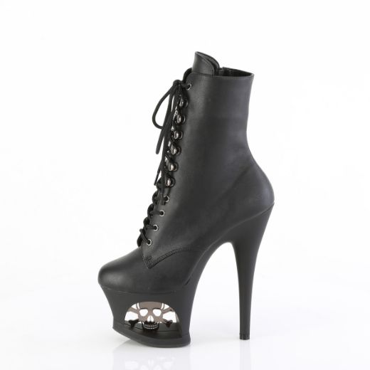 Product image of Pleaser MOON-1020SK Blk Faux Leather/Blk-Pewter 7 Inch Heel 2 3/4 Inch Cut-Out PF Lace-Up Ankle Boot Side Zip