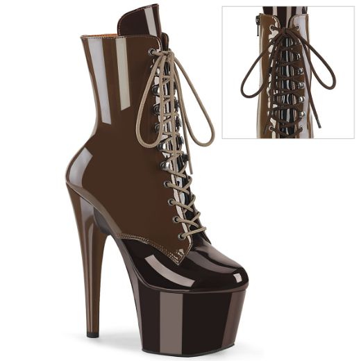 Product image of Pleaser ADORE-1020DC Mocha-Coffee Pat/M 7 Inch Heel 2 3/4 Inch PF Two Tone Lace-Up Ankle Boot Side Zip
