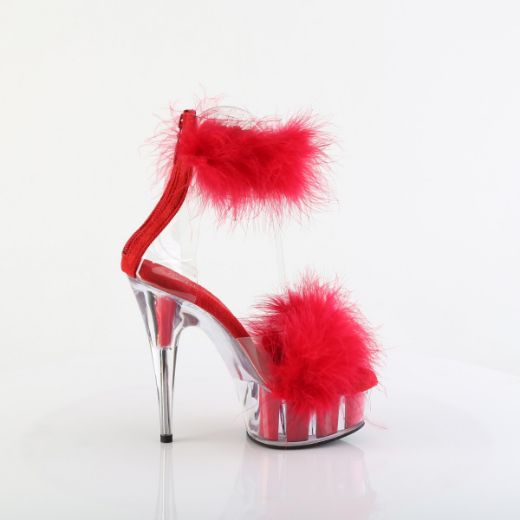 Product image of Pleaser DELIGHT-624F Clr-Red Fur/M 6 Inch Heel 1 3/4 Inch PF Marabou Fur Ankle Cuff Sandal Back Zip
