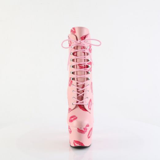 Product image of Pleaser ADORE-1020KISSES B. Pink Faux Leather/B. Pink Faux Leathe 7 Inch Heel 2 3/4 Inch PF Lace-Up Lips Print Ankle Boot Side Zip