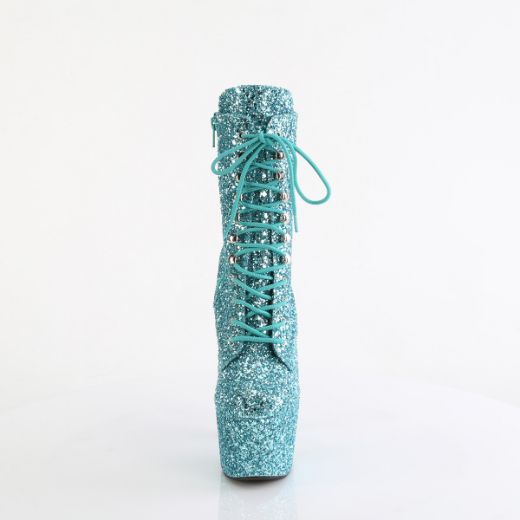 Product image of Pleaser ADORE-1020GWR Turquoise Glitter/Turquoise Glitter 7 Inch Heel 2 3/4 Inch PF Lace-Up Glitter Ankle Boot Side Zip