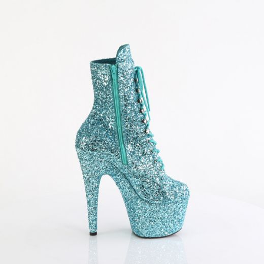 Product image of Pleaser ADORE-1020GWR Turquoise Glitter/Turquoise Glitter 7 Inch Heel 2 3/4 Inch PF Lace-Up Glitter Ankle Boot Side Zip