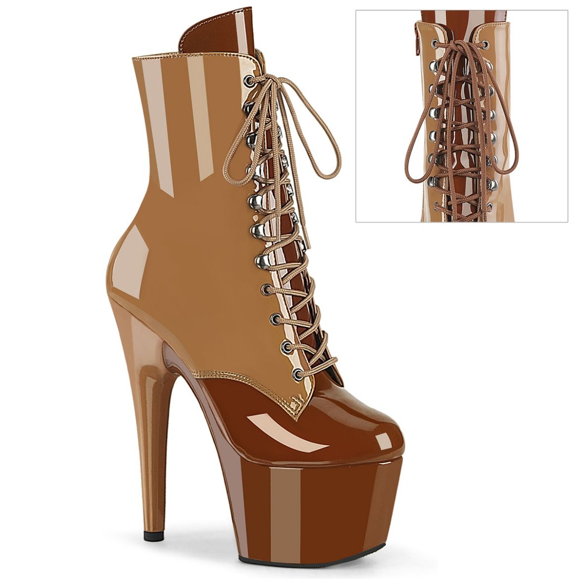 Product image of Pleaser ADORE-1020DC Toffee-Caramel Pat/M 7 Inch Heel 2 3/4 Inch PF Two Tone Lace-Up Ankle Boot Side Zip