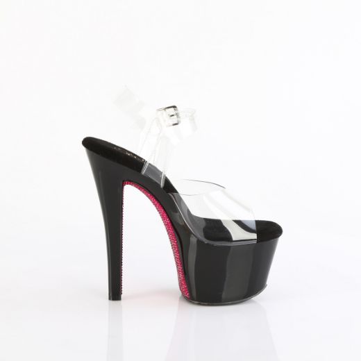 Product image of Pleaser SKY-308CRS Clr/Blk-H. Pink RS 7 Inch Heel 2 3/4 Inch PF Ankle Strap Sandal