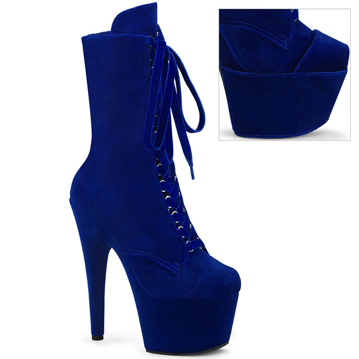 Product image of Pleaser ADORE-1045VEL Navy Blue Velvet/Navy Blue Velvet 7 Inch Heel 2 3/4 Inch PF Velvet Lace-Up Front Ankle Boot