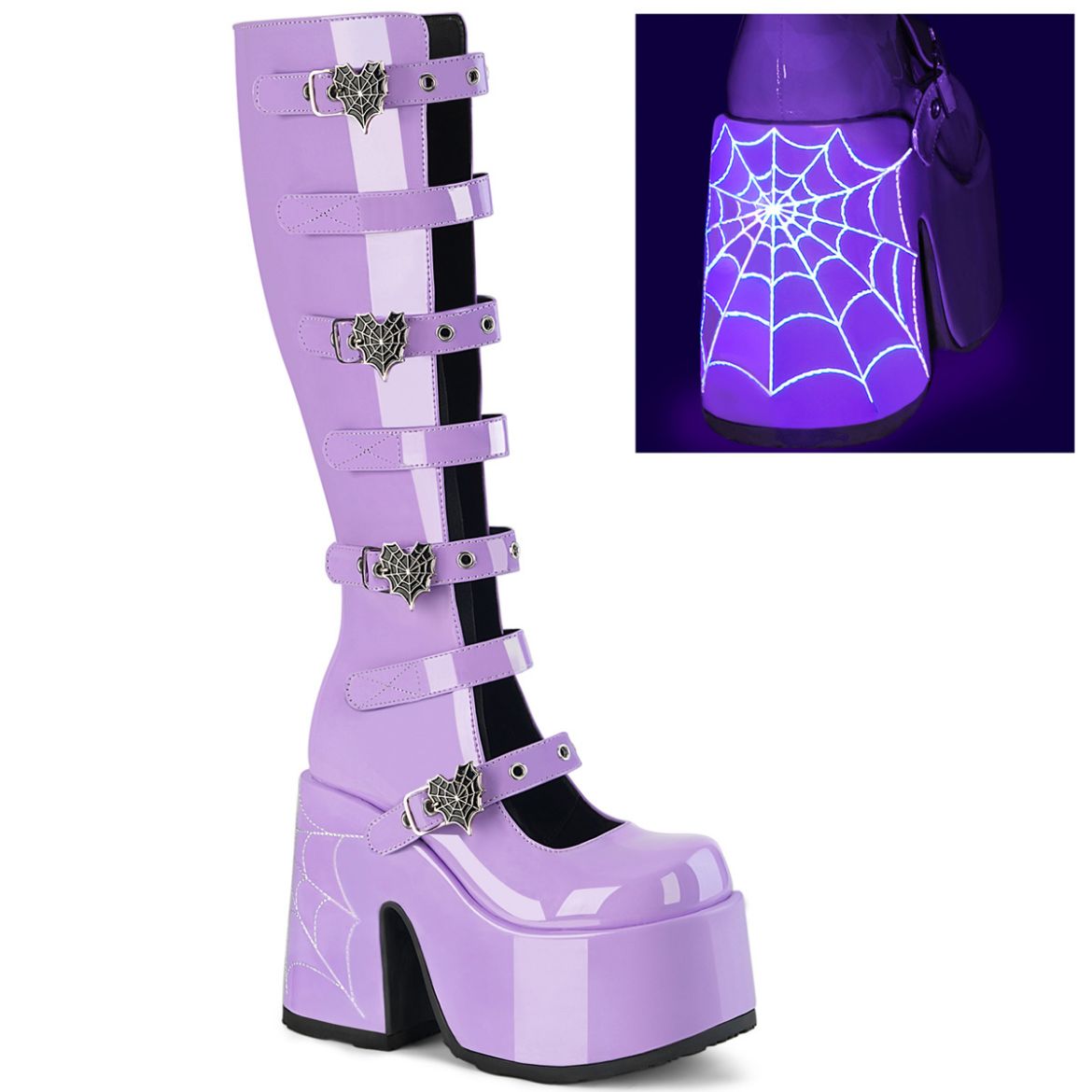 Product image of Demoniacult CAMEL-223 Lavender Pat 5 Inch Chunky Heel 3 Inch P/F Open Front Knee High BT Inside Zip