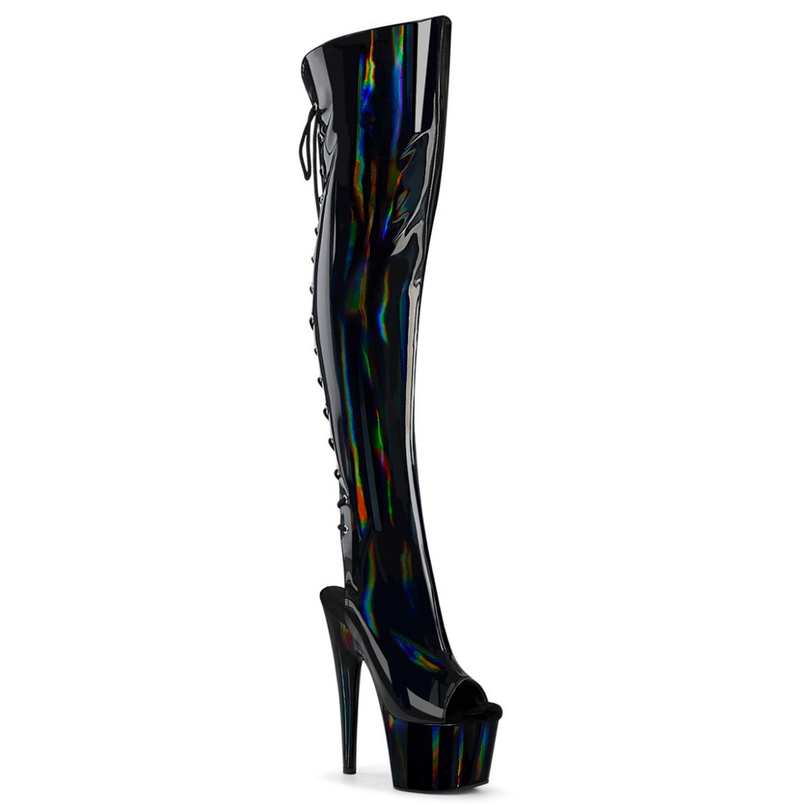 Product image of Pleaser ADORE-3019HWR Blk Str. Holo/Blk Holo 7 Inch Heel 2 3/4 InchPF Open Toe/Heel Over-The-Knee Boot Side Zip