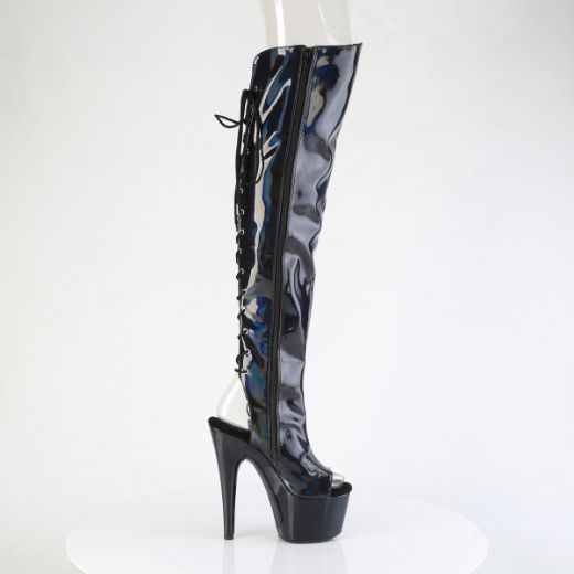 Product image of Pleaser ADORE-3019HWR Blk Str. Holo/Blk Holo 7 Inch Heel 2 3/4 InchPF Open Toe/Heel Over-The-Knee Boot Side Zip