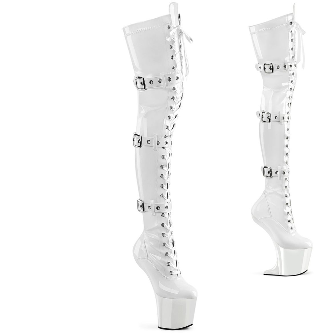 Product image of Pleaser CRAZE-3028 Wht Str. Pat/Wht 8 Inch Heelless 3 Inch PF Lace-Up Front Thigh Boot Side Zip