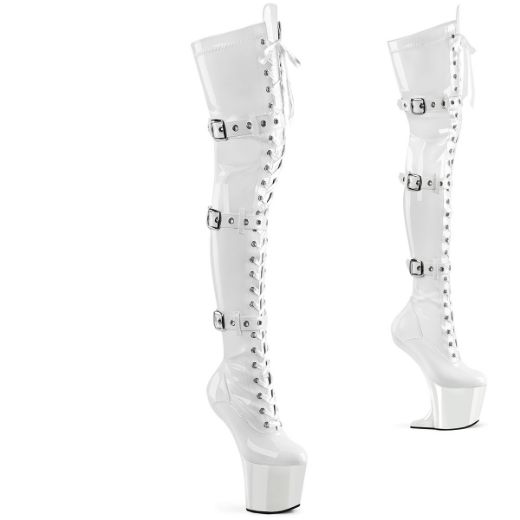 Product image of Pleaser CRAZE-3028 Wht Str. Pat/Wht 8 Inch Heelless 3 Inch PF Lace-Up Front Thigh Boot Side Zip
