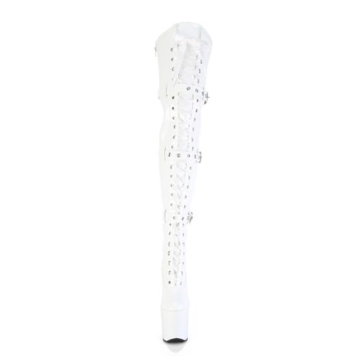 Product image of Pleaser CRAZE-3028 Wht Str. Pat/Wht 8 Inch Heelless 3 Inch PF Lace-Up Front Thigh Boot Side Zip