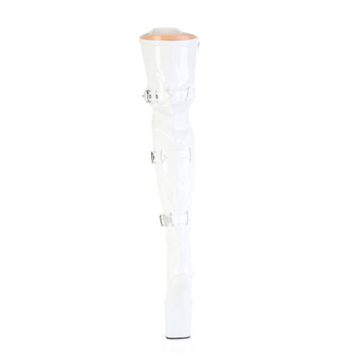 Product image of Pleaser CRAZE-3028 Wht Str. Pat/Wht 8 Inch Heelless 3 Inch PF Lace-Up Front Thigh Boot Side Zip