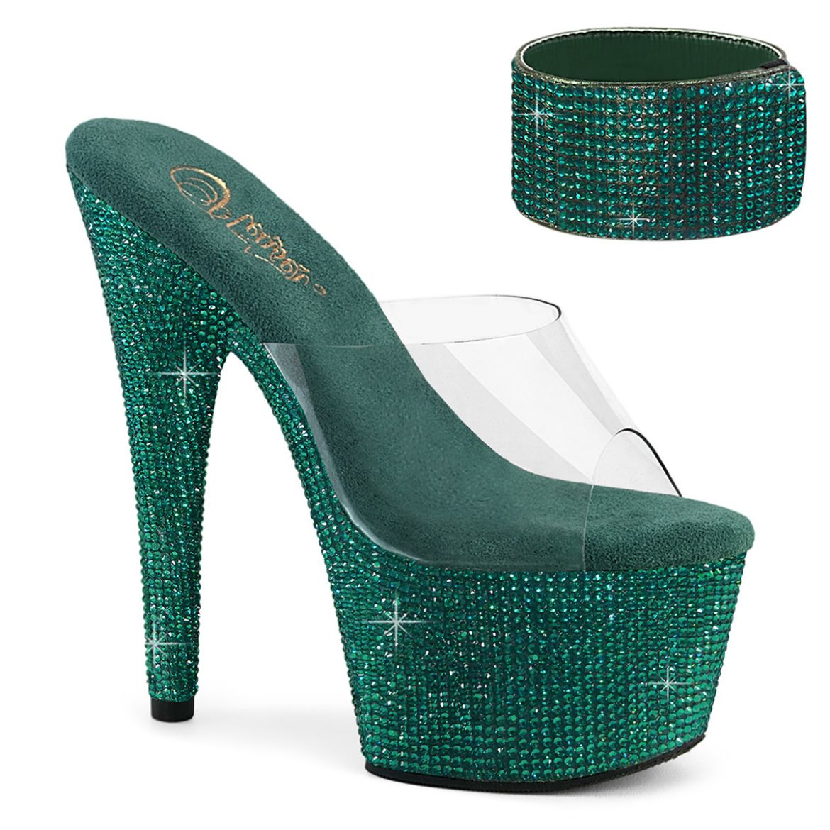Product image of Pleaser BEJEWELED-712RS Clr/Green RS 7 Inch Heel 2 3/4 Inch PF RS Embellished Slide w/Matching Cuff
