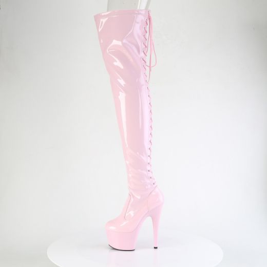 Product image of Pleaser ADORE-3850 B. Pink Str. Pat/B. Pink 7 Inch Heel 2 3/4 Inch PF Lace-Up Back Stretch Thigh Boot Side Zip