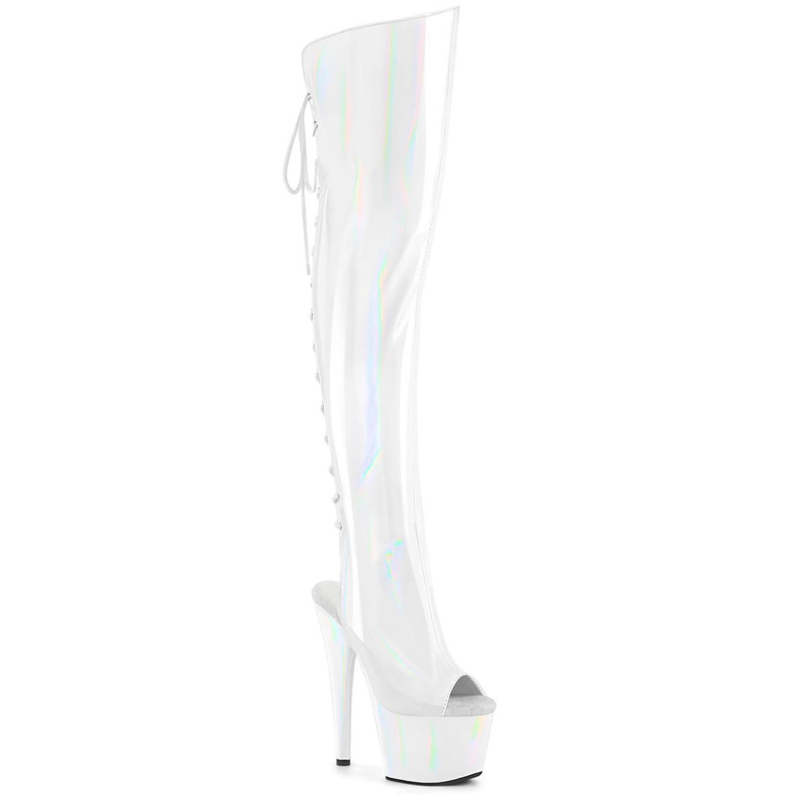 Product image of Pleaser ADORE-3019HWR Wht Str. Holo/Wht Holo 7 Inch Heel 2 3/4 InchPF Open Toe/Heel Over-The-Knee Boot Side Zip