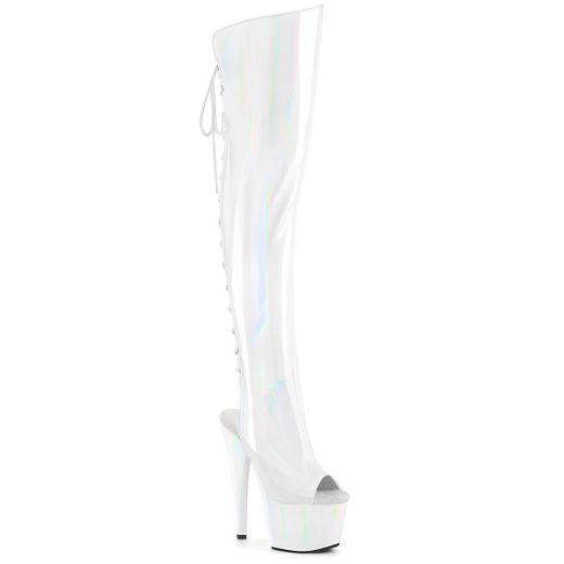 Product image of Pleaser ADORE-3019HWR Wht Str. Holo/Wht Holo 7 Inch Heel 2 3/4 InchPF Open Toe/Heel Over-The-Knee Boot Side Zip