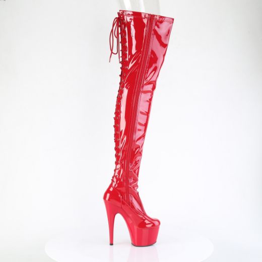 Product image of Pleaser ADORE-3850 Red Str. Pat/Red 7 Inch Heel 2 3/4 Inch PF Lace-Up Back Stretch Thigh Boot Side Zip