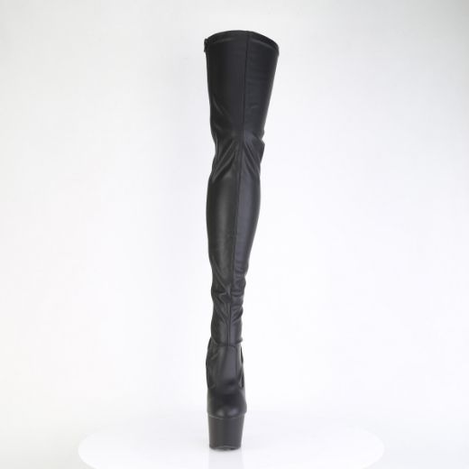 Product image of Pleaser ADORE-3850 Blk Str. Faux Leather/Blk Matte 7 Inch Heel 2 3/4 Inch PF Lace-Up Back Stretch Thigh Boot Side Zip