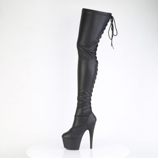 Product image of Pleaser ADORE-3850 Blk Str. Faux Leather/Blk Matte 7 Inch Heel 2 3/4 Inch PF Lace-Up Back Stretch Thigh Boot Side Zip
