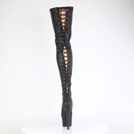 Product image of Pleaser ADORE-3850 Blk Str. Faux Leather/Blk Matte 7 Inch Heel 2 3/4 Inch PF Lace-Up Back Stretch Thigh Boot Side Zip