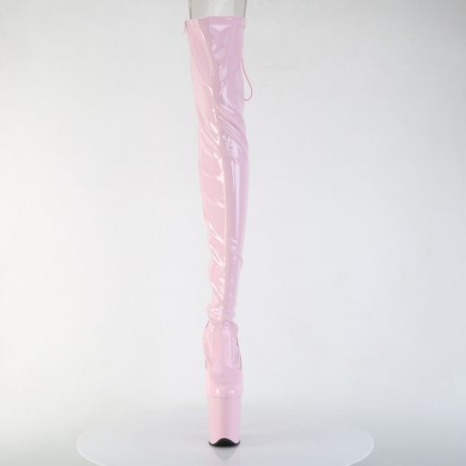 Product image of Pleaser FLAMINGO-3850 B. Pink Str. Pat/B. Pink 8 Inch Heel 4 Inch PF Lace-Up Back Stretch Thigh Boot Side Zip