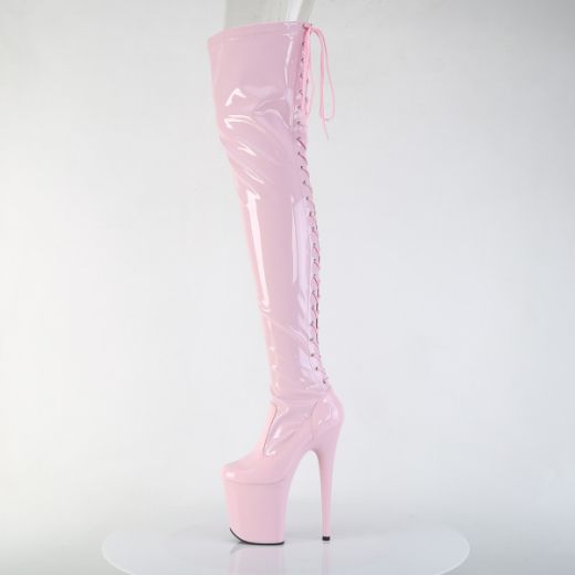 Product image of Pleaser FLAMINGO-3850 B. Pink Str. Pat/B. Pink 8 Inch Heel 4 Inch PF Lace-Up Back Stretch Thigh Boot Side Zip