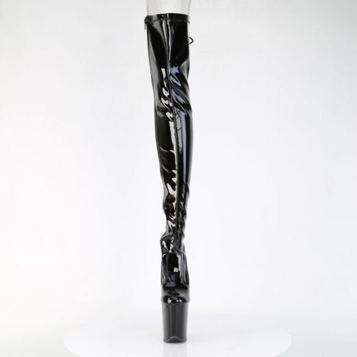 Product image of Pleaser FLAMINGO-3850 Blk Str. Pat/Blk 8 Inch Heel 4 Inch PF Lace-Up Back Stretch Thigh Boot Side Zip