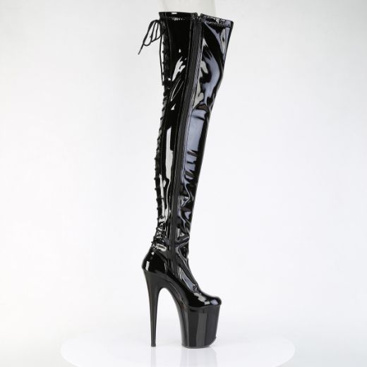 Product image of Pleaser FLAMINGO-3850 Blk Str. Pat/Blk 8 Inch Heel 4 Inch PF Lace-Up Back Stretch Thigh Boot Side Zip