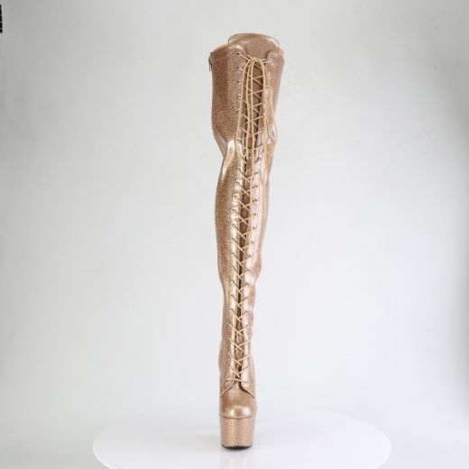 Product image of Pleaser ADORE-3020GP Gold Glitter Pat/M 7 Inch Heel 2 3/4 Inch PF Lace-Up Stretch Thigh Boot Side Zip