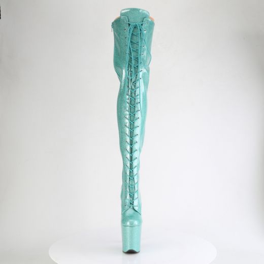 Product image of Pleaser FLAMINGO-3020GP Aqua Glitter Pat/M 8 Inch Heel 4 Inch PF Lace-Up Stretch Thigh Boot Side Zip