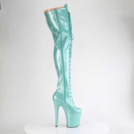 Product image of Pleaser FLAMINGO-3020GP Aqua Glitter Pat/M 8 Inch Heel 4 Inch PF Lace-Up Stretch Thigh Boot Side Zip