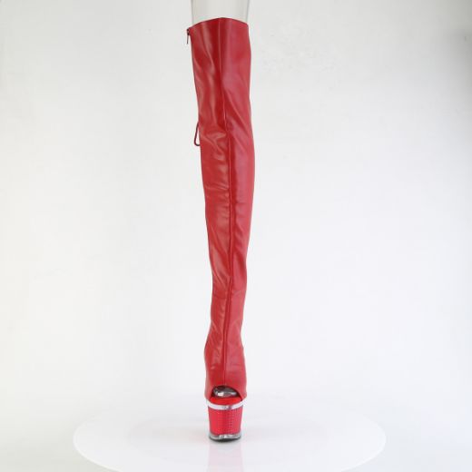 Product image of Pleaser SPECTATOR-3030 Red Faux Leather/Clr-Red Matte 7 Inch Heel 3 Inch Textured PF Lace-Up Back Thigh Boot Side Zip