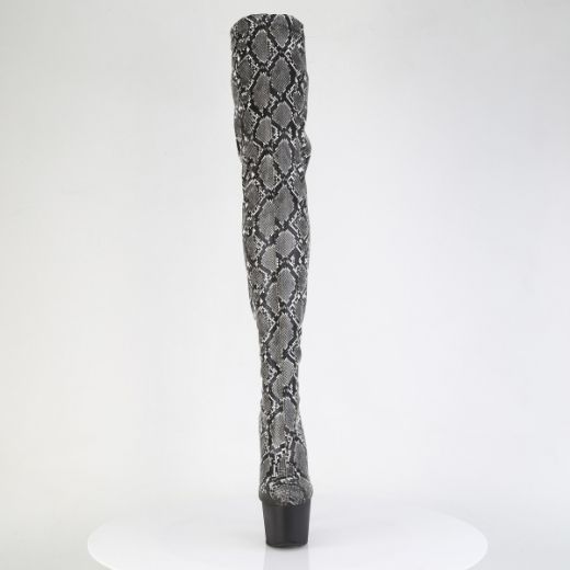 Product image of Pleaser ADORE-3008SP-BT Grey-Blk Snake Print/Blk Matte 7 Inch Heel 2 3/4 Inch PF Stretch Snake Print Pull-On Thigh Boot