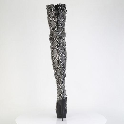 Product image of Pleaser DELIGHT-3008SP-BT Grey-Blk Snake Print/Blk Matte 6 Inch Heel 1 3/4 Inch PF Stretch Snake Print Pull-On Thigh Boot