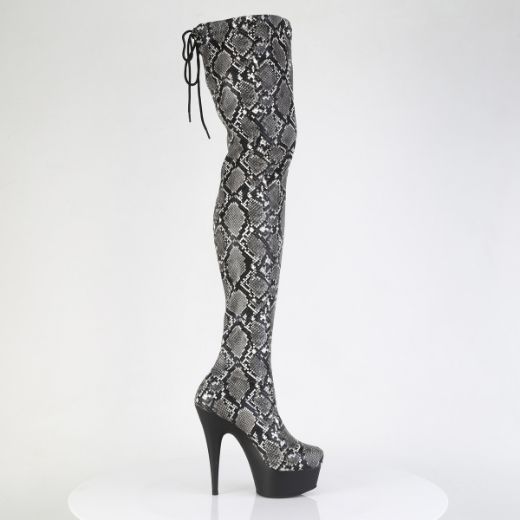 Product image of Pleaser DELIGHT-3008SP-BT Grey-Blk Snake Print/Blk Matte 6 Inch Heel 1 3/4 Inch PF Stretch Snake Print Pull-On Thigh Boot