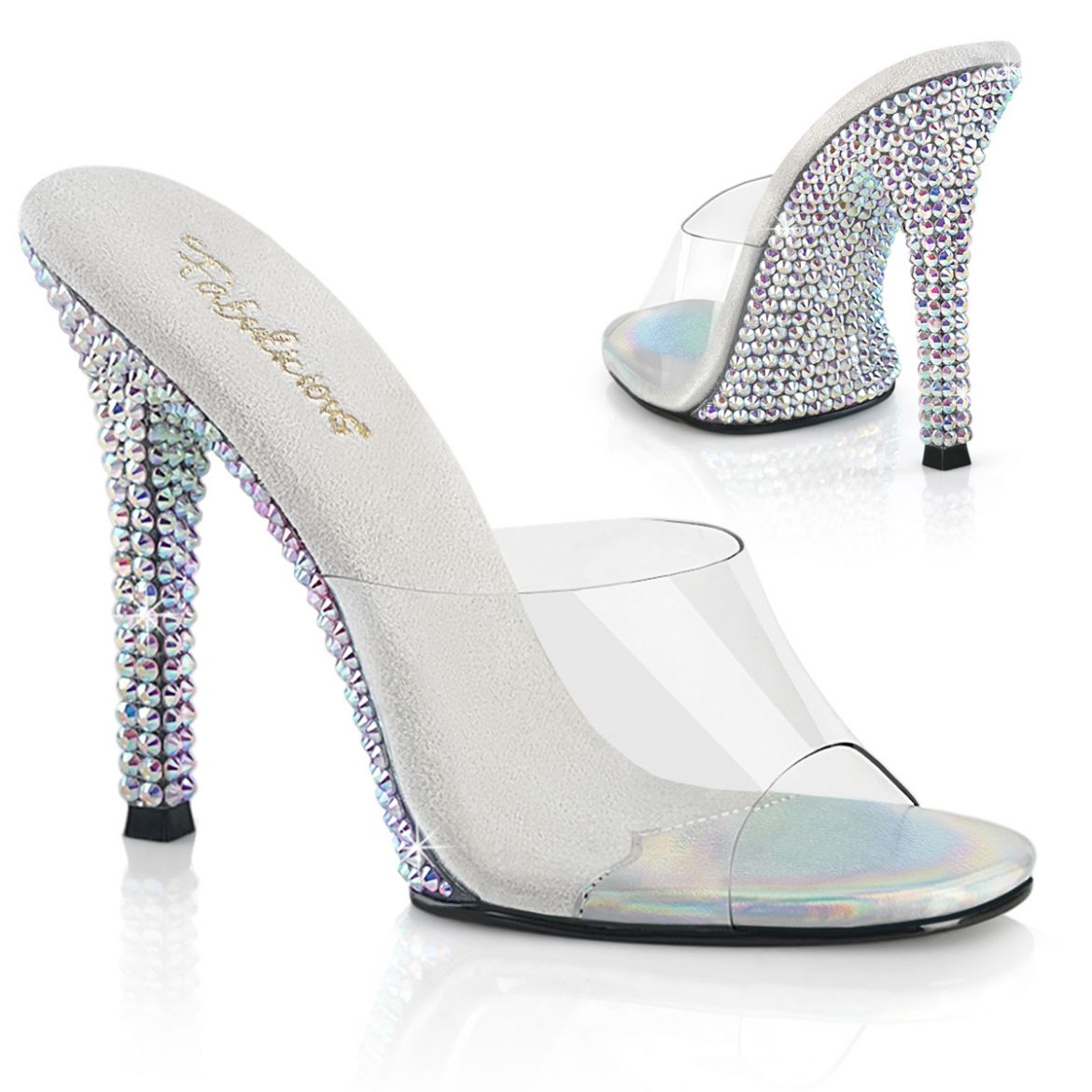 Product image of Fabulicious GALA-01DML Clr/Slv AB RS 4 1/2 Inch Heel Slide w/Large (4MM) RS