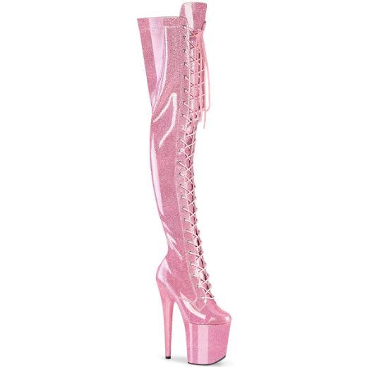 Product image of Pleaser FLAMINGO-3020GP B. Pink Glitter Pat/M 8 Inch Heel 4 Inch PF Lace-Up Stretch Thigh Boot Side Zip