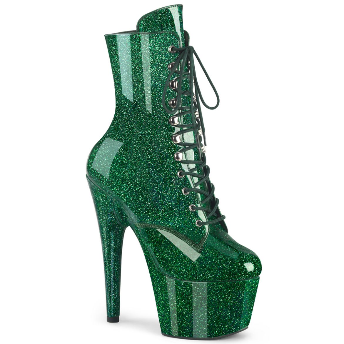 Product image of Pleaser ADORE-1020GP Emerald Green Glitter Pat/M 7 Inch Heel 2 3/4 Inch PF Lace-Up Front Ankle Boot Side Zip