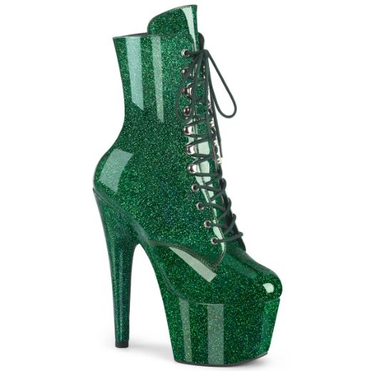 Product image of Pleaser ADORE-1020GP Emerald Green Glitter Pat/M 7 Inch Heel 2 3/4 Inch PF Lace-Up Front Ankle Boot Side Zip