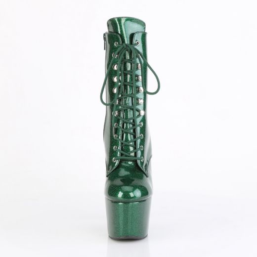 Product image of Pleaser ADORE-1020GP Emerald Green Glitter Pat/M 7 Inch Heel 2 3/4 Inch PF Lace-Up Front Ankle Boot Side Zip