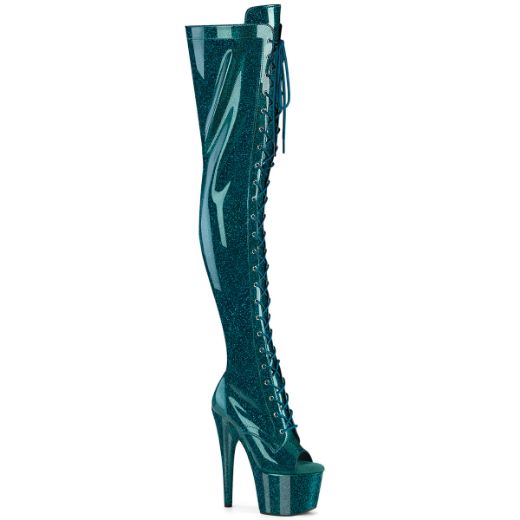 Product image of Pleaser ADORE-3021GP Teal  Glitter Pat/M 7 Inch Heel 2 3/4 Inch PF Peep Toe Lace-Up Thigh Boot Side Zip
