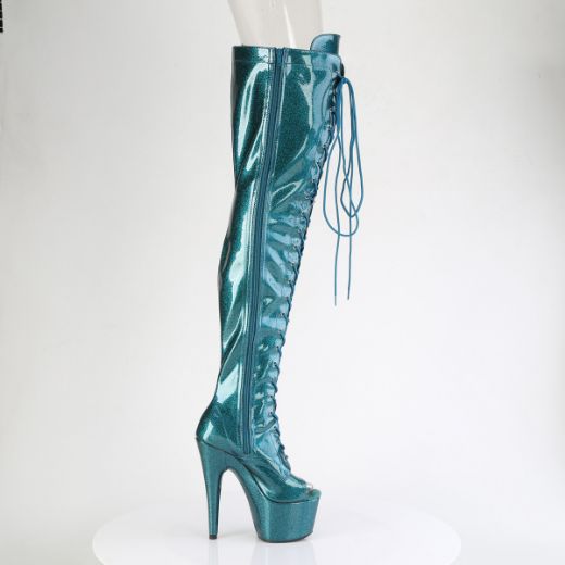 Product image of Pleaser ADORE-3021GP Teal  Glitter Pat/M 7 Inch Heel 2 3/4 Inch PF Peep Toe Lace-Up Thigh Boot Side Zip