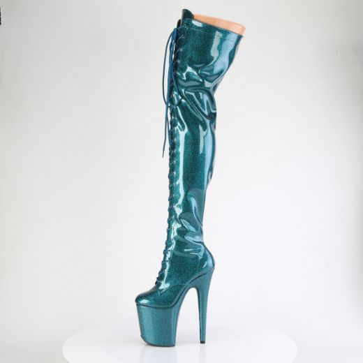 Product image of Pleaser FLAMINGO-3020GP Teal Glitter Pat/M 8 Inch Heel 4 Inch PF Lace-Up Stretch Thigh Boot Side Zip